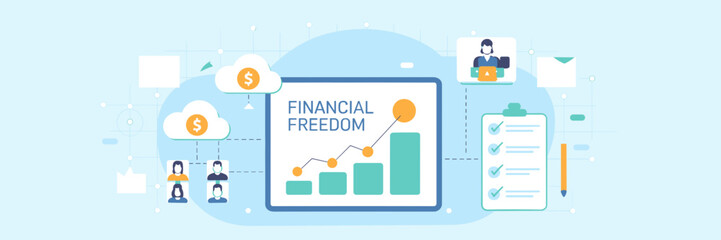 Icon set depicting remote finance concepts with tablet displaying "FINANCIAL FREEDOM" and financial-related icons