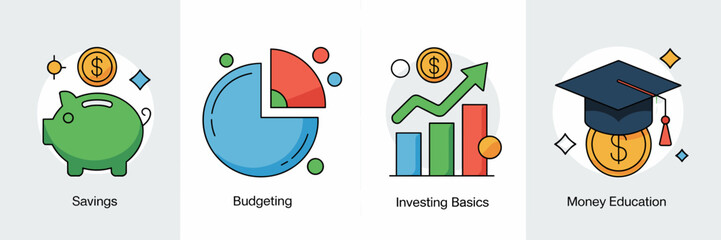 Flat vector icon set representing financial literacy with savings, budgeting, and investing concepts