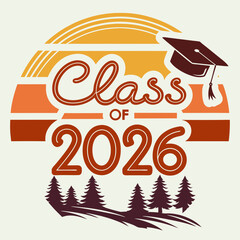 Class Of 2026 Retro Graduation Design With Sunset And Forest Landscape