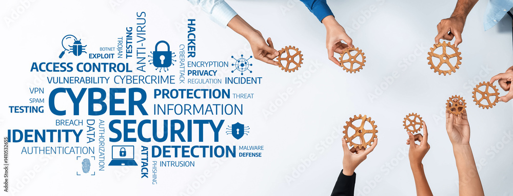 Poster Explore essential concepts of cybersecurity in a modern workspace, showcasing proactive strategies and gear symbols representing security, awareness, and protection against threats. Amity
