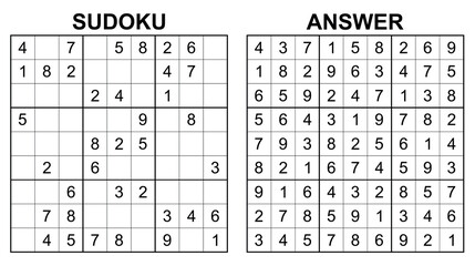 Vector sudoku with answer 29. Educational game with numbers for kids and leisure for adult on white background.	