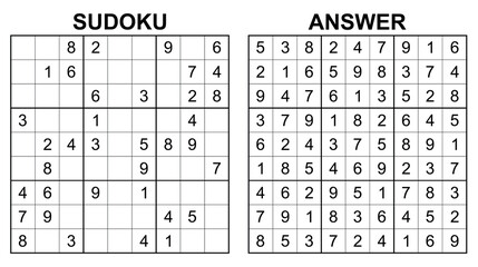 Vector sudoku with answer 32. Educational game with numbers for kids and leisure for adult on white background.	