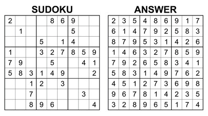 Vector sudoku with answer 30. Educational game with numbers for kids and leisure for adult on white background.	