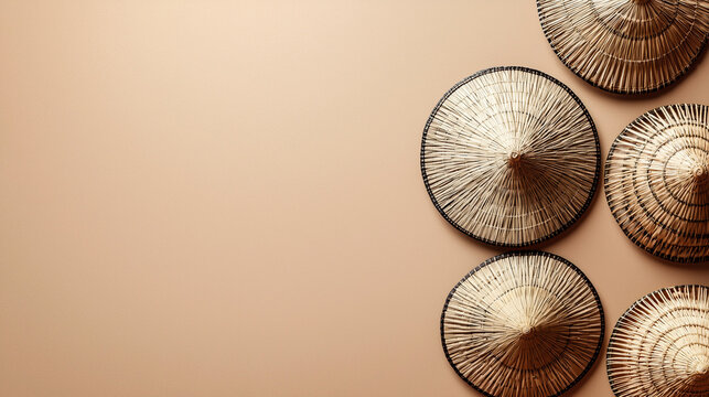 Traditional Chinese conical hats (coolie hats) isolated on a clean pastel light background. Natural woven texture. Details, cultural authenticity and craftsmanship. DIY, craft, culture. Text placement