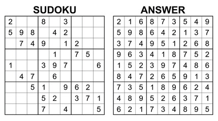 Vector sudoku with answer 34. Educational game with numbers for kids and leisure for adult on white background.	