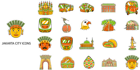 Jakarta city simple concept 24 hand drawn color icons set .Vector illustration.