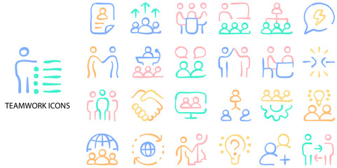 Teamwork simple concept 24 hand drawn color icons set. Contains such teamwork, innovation, color palette, flat .Vector illustration.