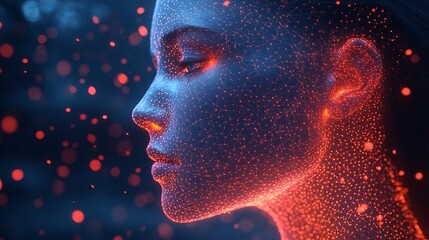 Serene digital woman profile glowing with red and blue energy intricate network design dark