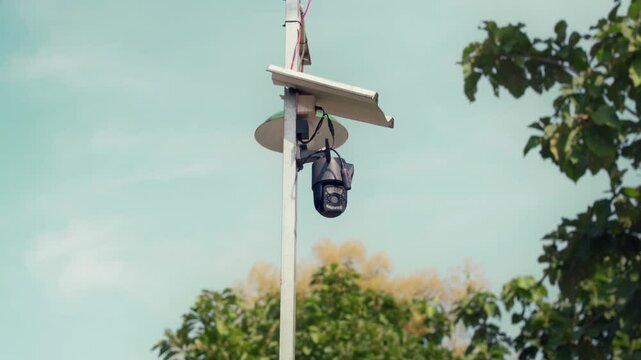 Security cameras installed outdoors to monitor the surrounding area. security concept