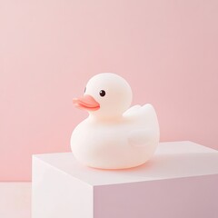 Illuminated rubber duck; soft, white, sits on a pink cube
