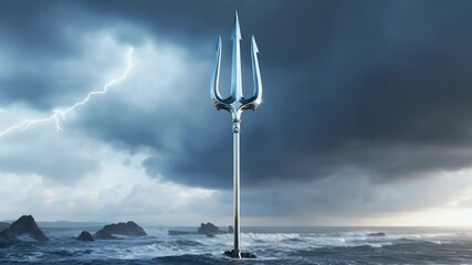 Trident on stormy ocean; powerful, mythical weapon; dramatic backdrop; suitable for fantasy, movie poster, or game art