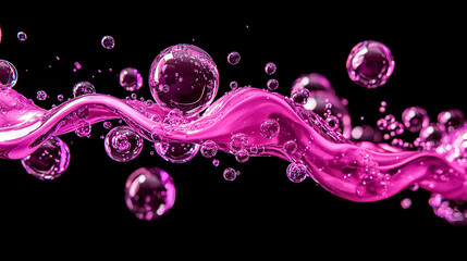 Pink liquid spheres floating, isolated on black background pattern. Glass, backdrop, contrast, glossy and translucent bubbles