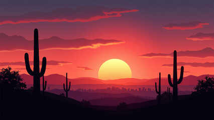 Desert Landscape with Cactus Silhouettes and Sunset