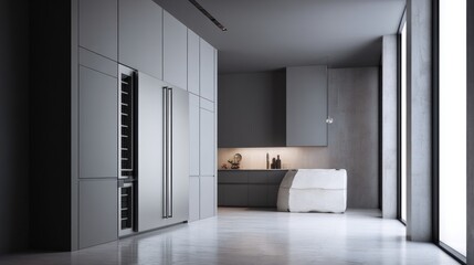 Minimalist kitchen with hidden fridge and sculpted faucet 