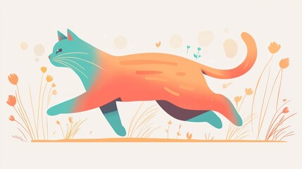 Colorful cat running through a field of flowers.  Possible use Children's book illustration