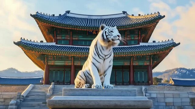 korean white tiger and a korean traditional temple building