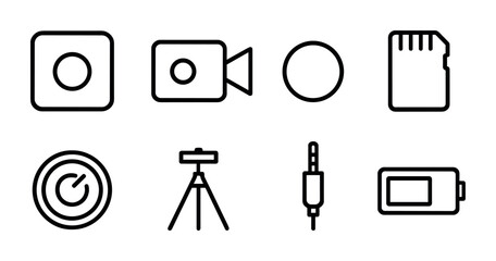 outline vector icons of video recording: record button, video camera, red dot, memory card, lens, tripod, audio input, battery indicator. set of line style icons in a modern, minimalist design.