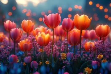 Blooming tulips at sunset flower garden photography colorful close-up nature's beauty