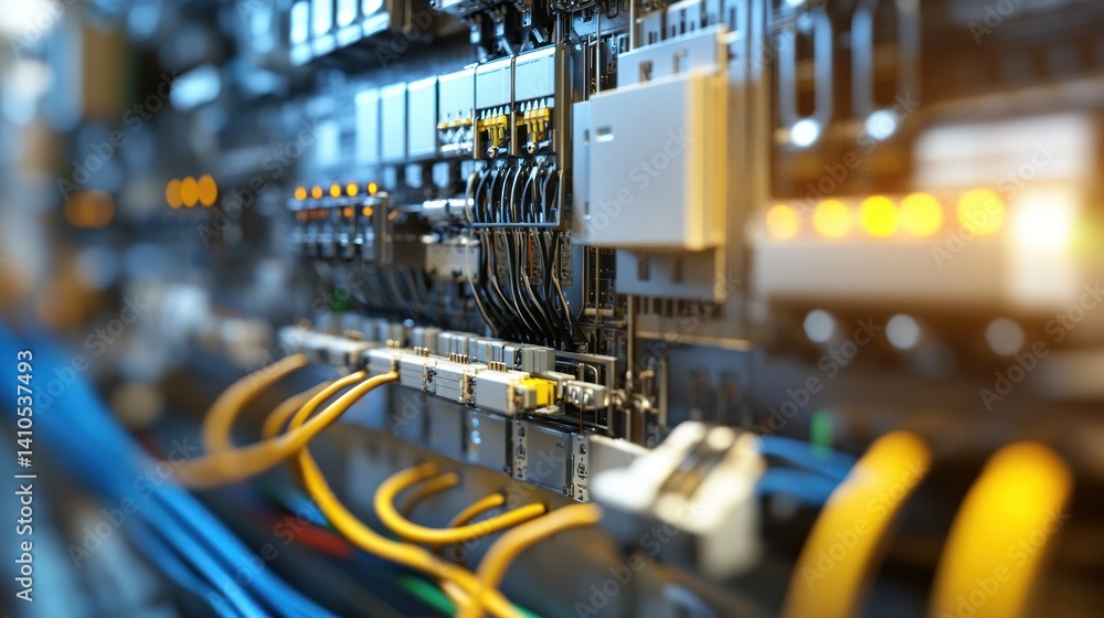 Poster close up view of an electrical panel with wires connected inside