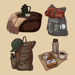 Various items for travel and picnic