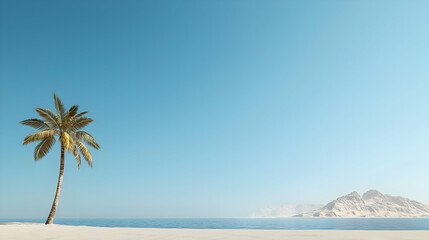 Fototapeta premium Palm Tree On Beach With Mountains In Background