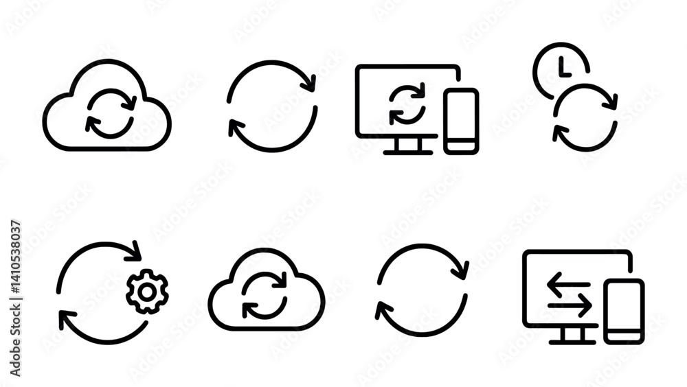 Poster outline vector icons of data synchronization: two arrows in cloud, sync icon, multi-device sync, upd