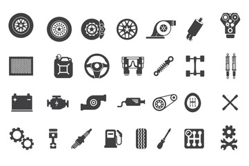 A set of car parts and automotive accessories in vector format. Ideal for repair shop designs, mechanic branding, and car-related infographics