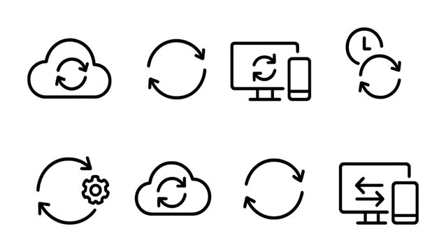 outline vector icons of data synchronization: two arrows in cloud, sync icon, multi-device sync, update symbol, auto sync, refresh cloud, sync cycle, cross-device icon. ine style icons in a modern,