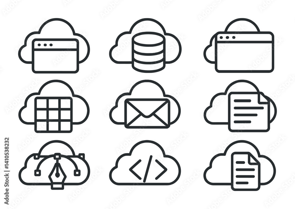 Poster outline vector icons of digital note apps: mobile notes app, desktop notes, cloud notes, sync icon, 