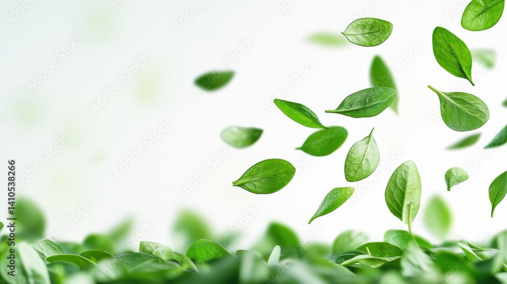 Poster scattered green leaves creating a fresh and serene atmosphere with a soft blurred background