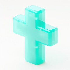 Obraz premium Translucent teal cross on a white isolated background.