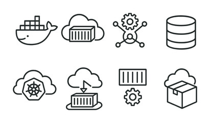 outline vector icons of cloud devops: CI/CD cloud, deployment icon, code in cloud, automation gear, pipeline icon, container deploy, Git sync, build icon. set of line style icons in a modern,