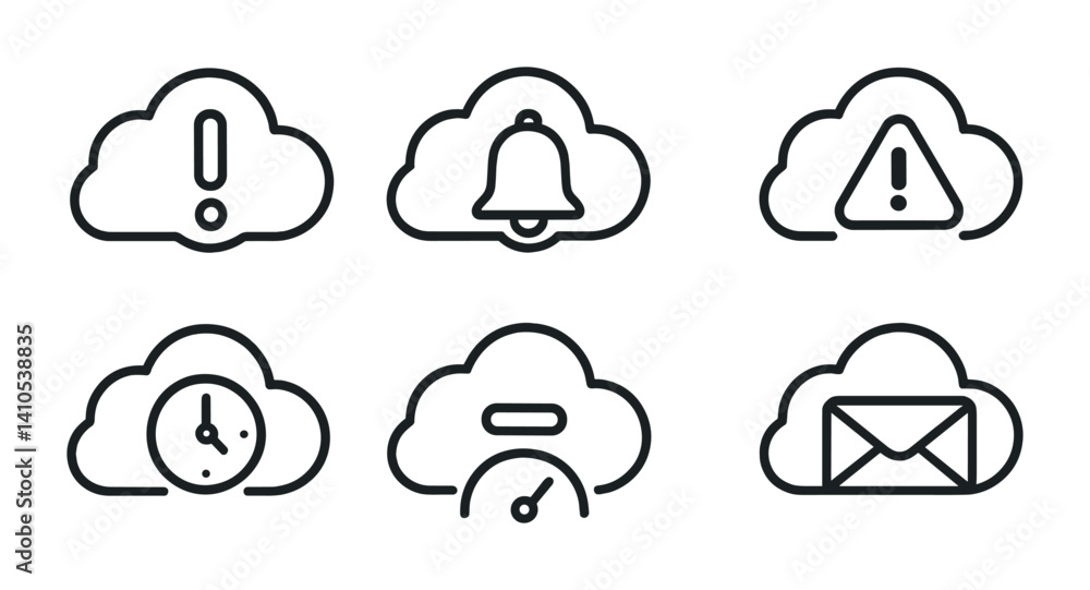 Aufkleber outline vector icons of cloud notifications: alert cloud, bell icon, warning triangle, status ping, 