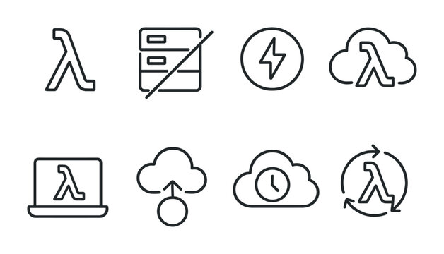 outline vector icons of serverless cloud: function icon, no server box, trigger icon, auto-scale function, lambda cloud, compute call, event-driven cloud, time function. set of line style icons in a