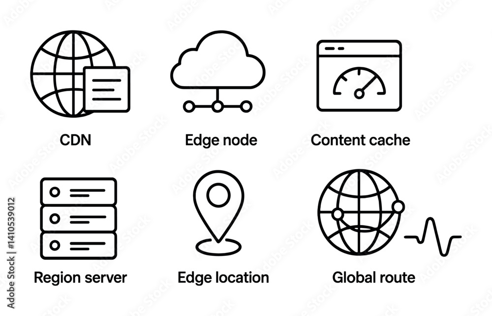 Poster outline vector icons of cloud services and globe: cloud sync globe, storage network, secure cloud wo