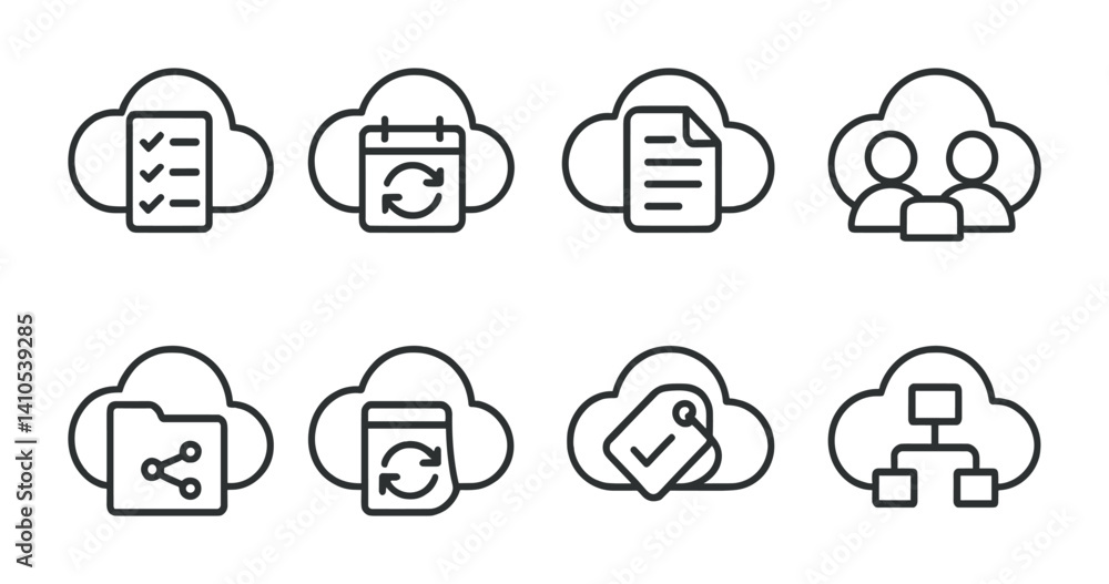 Poster outline vector icons of cloud productivity: to-do list cloud, calendar sync, doc editor cloud, meeti