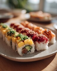 Vibrant vegan sushi rolls displayed on a plate in a restaurant setting