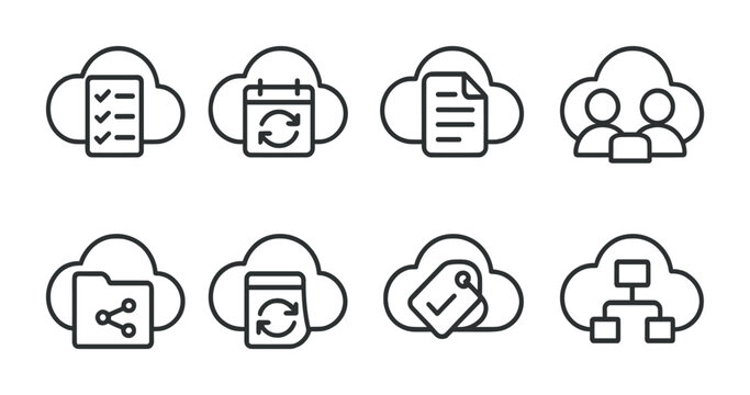outline vector icons of cloud productivity: to-do list cloud, calendar sync, doc editor cloud, meeting icon, file share, note sync, task tag, workflow cloud. ine style icons in a modern, minimalist - Powered by Adobe