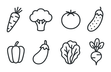 outline vector icons of vegetables: carrot, broccoli, tomato, cucumber, bell pepper, eggplant, lettuce, radish. set of line style icons in a modern, minimalist design.