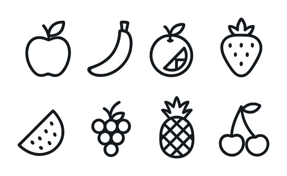 outline vector icons of fruits: apple, banana, orange, strawberry, watermelon, grapes, pineapple, cherry. set of line style icons in a modern, minimalist design.
