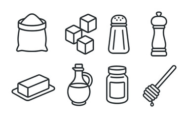 outline vector icons of food ingredients: flour bag, sugar cube, salt shaker, pepper grinder, butter stick, olive oil bottle, spice jar, honey dipper. set of line style icons in a modern, minimalist