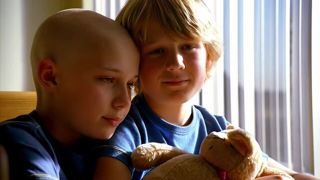 Two young boys sharing a comforting hug with stuffed animal in peaceful moment

