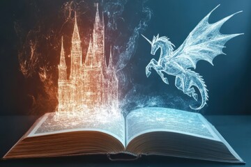 Open book with fairy castle and dragon. The concept of fairy tale literature, fantasy, magical worlds for children and adults. © Renat