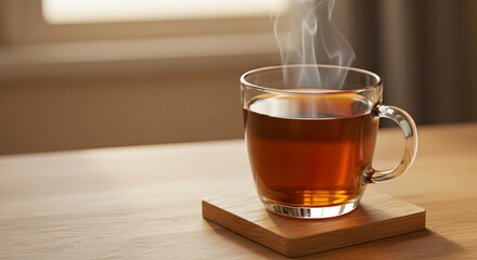 Steaming Tea In Clear Glass On Wooden Coaster With Soft Lighting