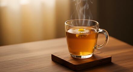 Infusion With Chamomile In A Transparent Glass Cup Over Wooden Table