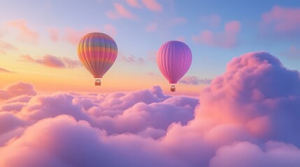 Fototapeta premium Two colorful hot air balloons rising above fluffy clouds at sunset, creating a serene and beautiful sky scene for dreamers.