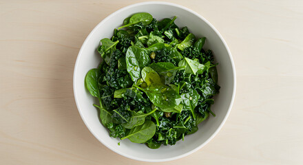 Vibrant Green Salad Featuring Fresh Spinach And Kale In White Bowl