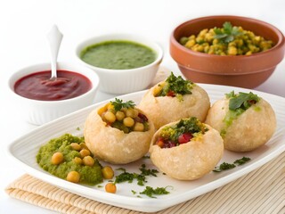 Authentic Indian street food snack — Pani Puri (Golgappa) served with spicy, tangy, and sweet chutneys. Crisp puris filled with boiled chickpeas, potatoes, and garnished with fresh coriander. 