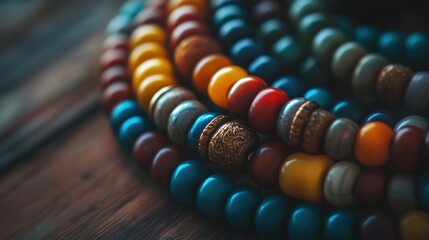 Several strands of colorful beads lie on a wooden surface