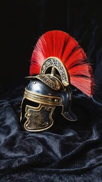 Roman soldier helmet on black velvet cloth, historical display, studio shot